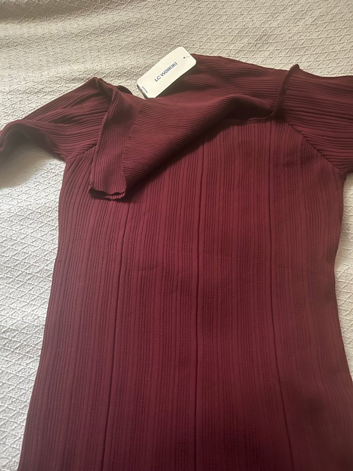 Bordo Pliseli Uzun Kollu Uzun Elbise - Görsel 5