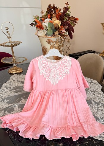 Kız Çocuk Pembe Bohem Dantel Detaylı Elbise
