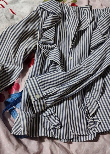 Fırfırlı Çizgili Lacivert Kadın Gömlek - Görsel 2