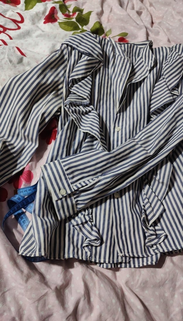 Fırfırlı Çizgili Lacivert Kadın Gömlek - Görsel 2