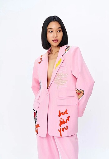 Patchli pembe blazer ceket