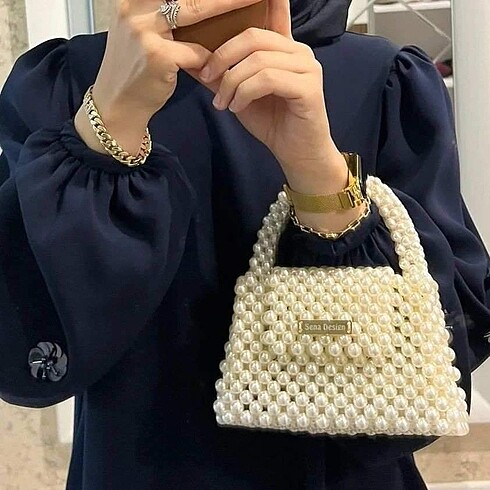 Beden beyaz Renk İnci Taş Model Kadın El Çantası