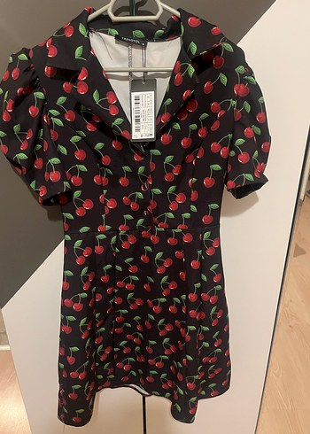 Kırmızı Kiraz Desenli Mini Elbise - Görsel 3