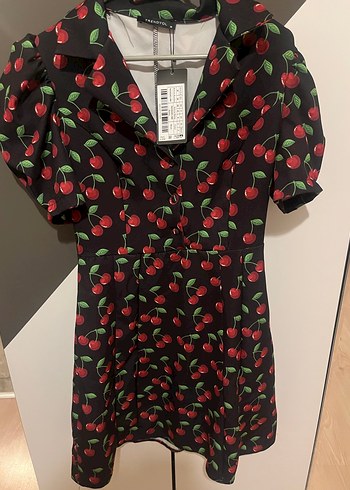 Kırmızı Kiraz Desenli Mini Elbise - Görsel 4