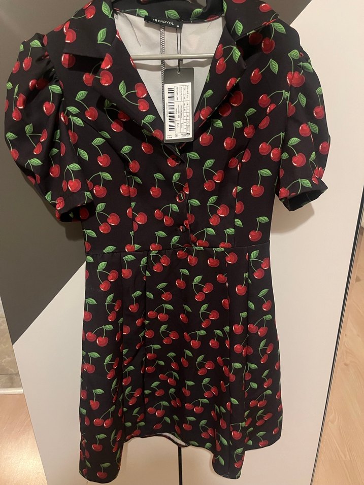 Kırmızı Kiraz Desenli Mini Elbise - Görsel 4