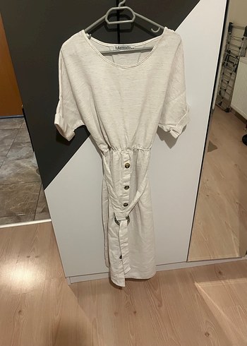 Düğmeli Keten Midi Elbise - Görsel 2