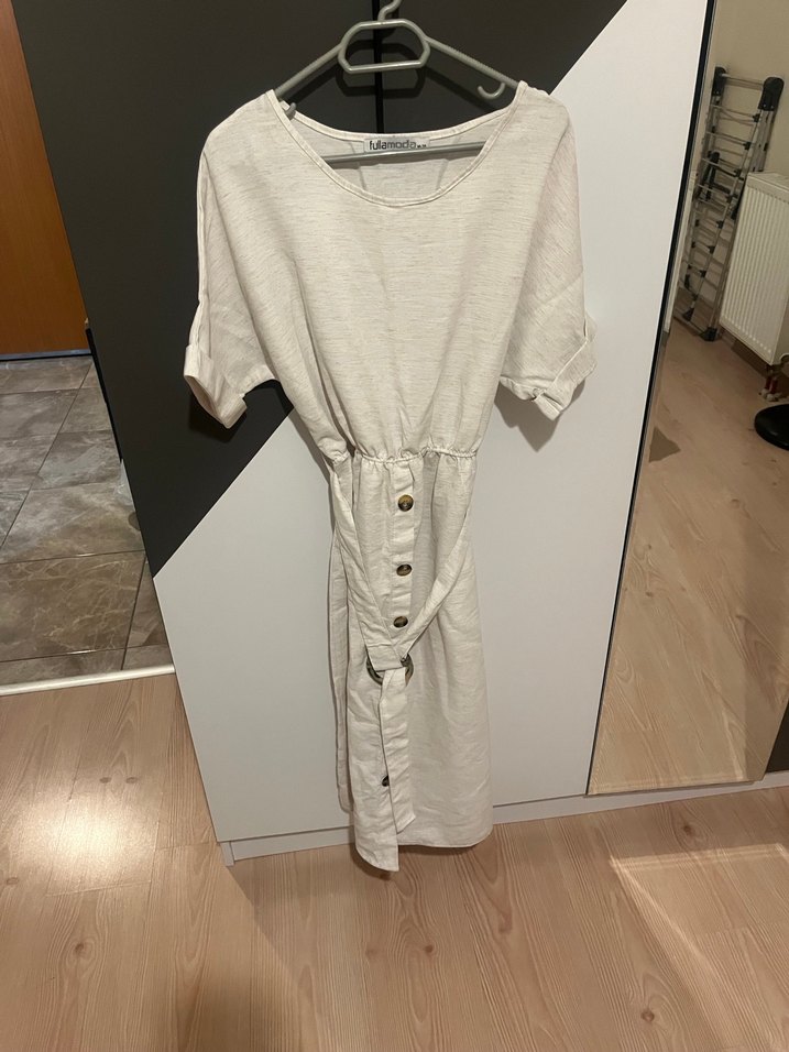 Düğmeli Keten Midi Elbise - Görsel 2