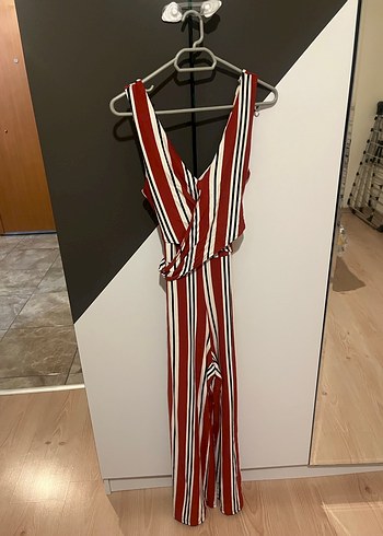 Kırmızı Çizgili Uzun Askılı Tulum - Görsel 4