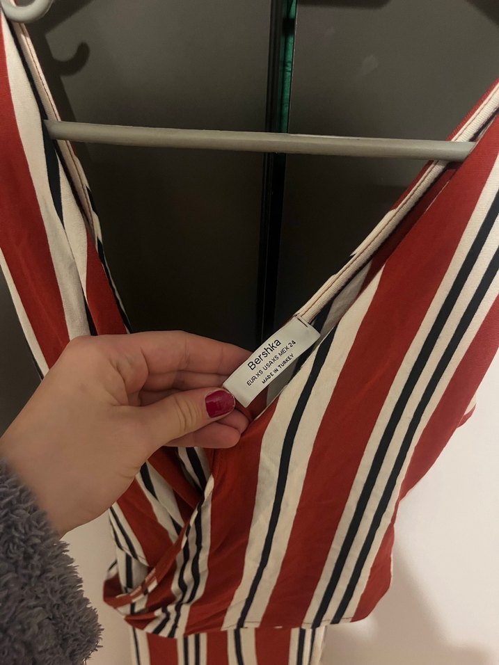 Kırmızı Çizgili Uzun Askılı Tulum - Görsel 3