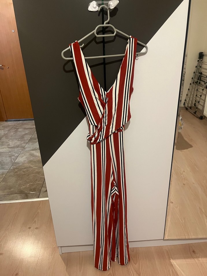 Kırmızı Çizgili Uzun Askılı Tulum - Görsel 4