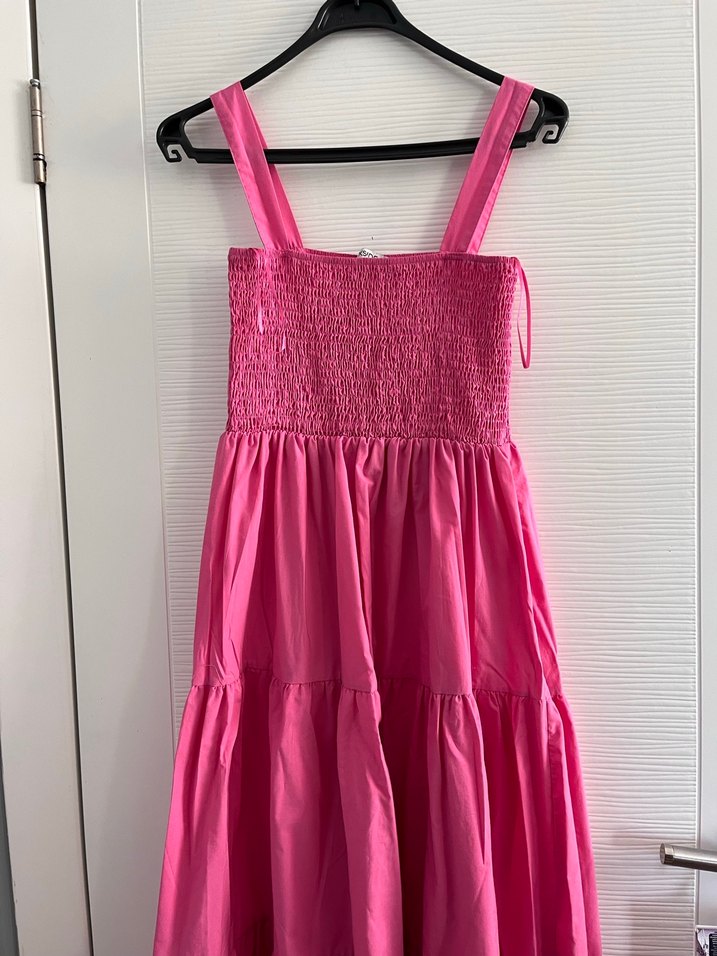 Pembe Uzun Askılı Fırfırlı Bohem Elbise - Görsel 5