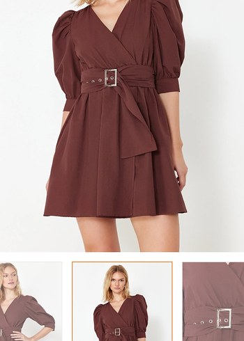 Kahverengi V Yaka Midi Kemerli Elbise - Görsel 7