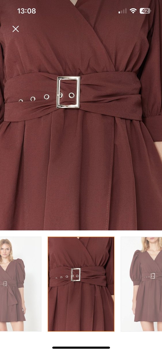 Kahverengi V Yaka Midi Kemerli Elbise - Görsel 5