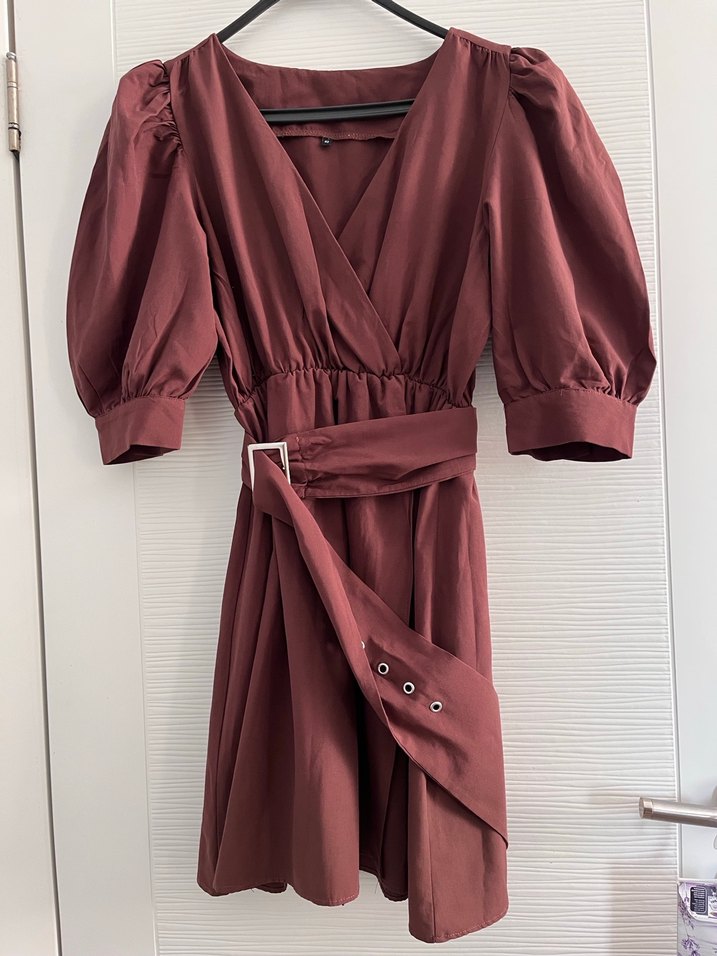 Kahverengi V Yaka Midi Kemerli Elbise - Görsel 2