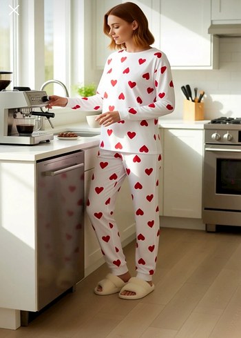 Kalp Desenli Uzun Kollu Kadın Pijama Takımı - Görsel 2