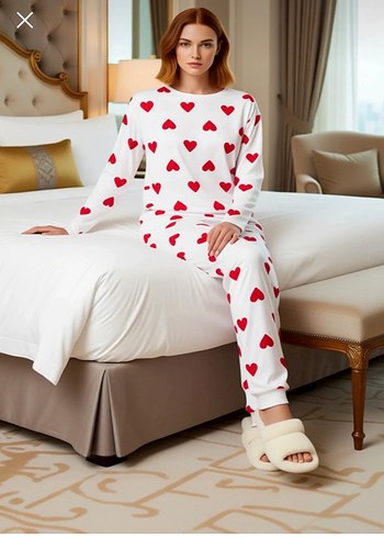 Kalp Desenli Uzun Kollu Kadın Pijama Takımı - Görsel 3