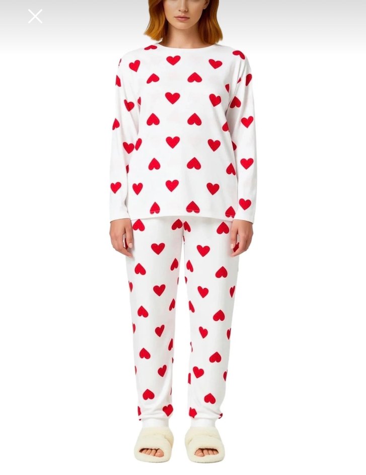 Kalp Desenli Uzun Kollu Kadın Pijama Takımı - Görsel 4