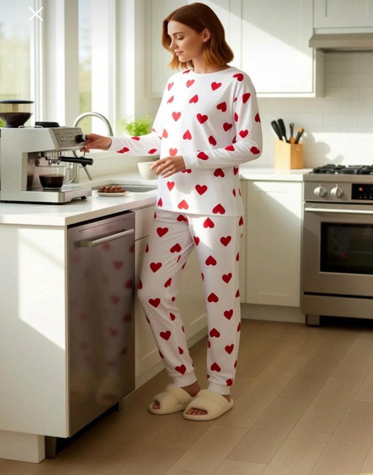 Kalp Desenli Uzun Kollu Kadın Pijama Takımı - Görsel 2