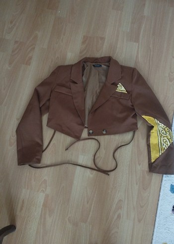 Düğmeli Kısa Kahverengi Deri Blazer