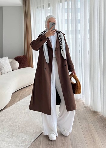 Eşarp ile Desenli Siyah Uzun Kadın Trençkot - Görsel 2