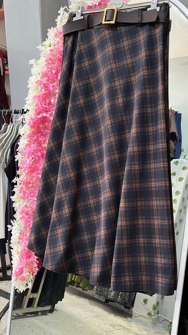 Ekose Desenli Bohem  kemerli Uzun Etek - Görsel 2