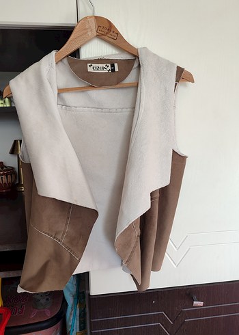 Bej Gri Süet Drapeli Kadın Yelek - Görsel 2