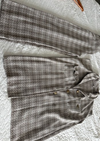 Bej Kadın Keten Düğmeli Uzun Ceket ve pantolon