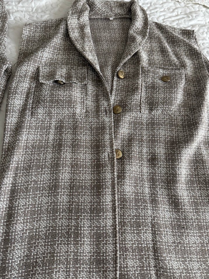 Bej Kadın Keten Düğmeli Uzun Ceket ve pantolon - Görsel 2