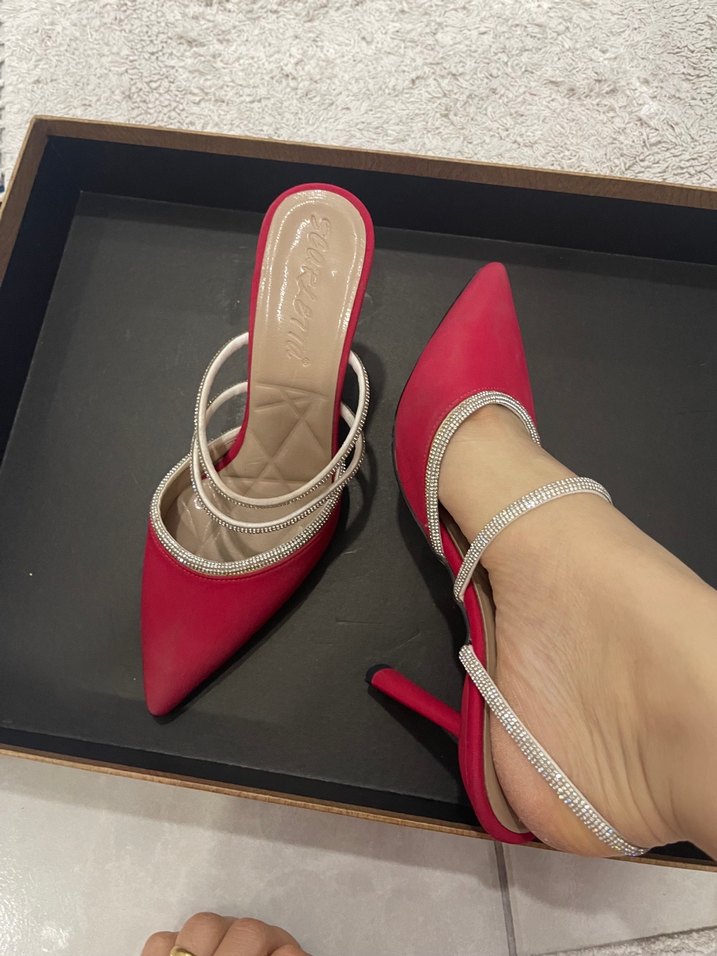 Kırmızı Stiletto Topuklu Yılan Desenli Kadın Ayakkabı - Görsel 4