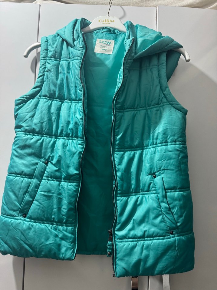 Kız Çocuk Turkuaz Kapüşonlu Fermuarlı Yelek - Görsel 4