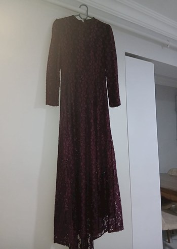 Bordo Nakışlı Uzun Kollu Vintage Elbise