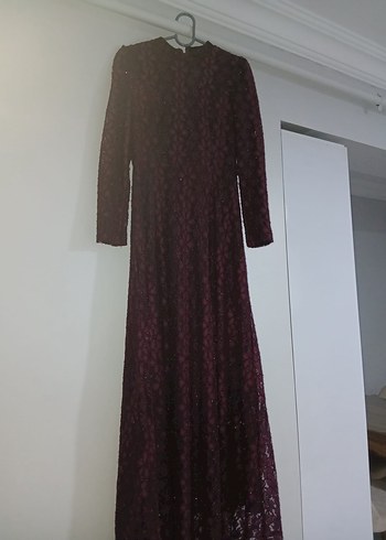 Diğer Bordo Nakışlı Uzun Kollu Vintage Elbise