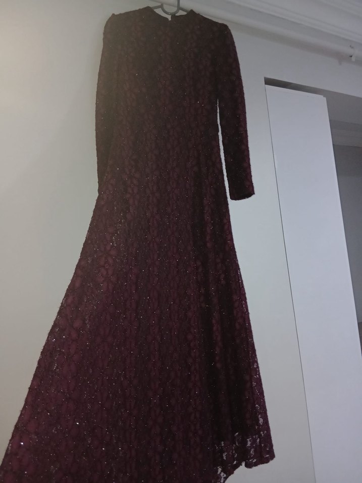 Bordo Nakışlı Uzun Kollu Vintage Elbise - Görsel 4