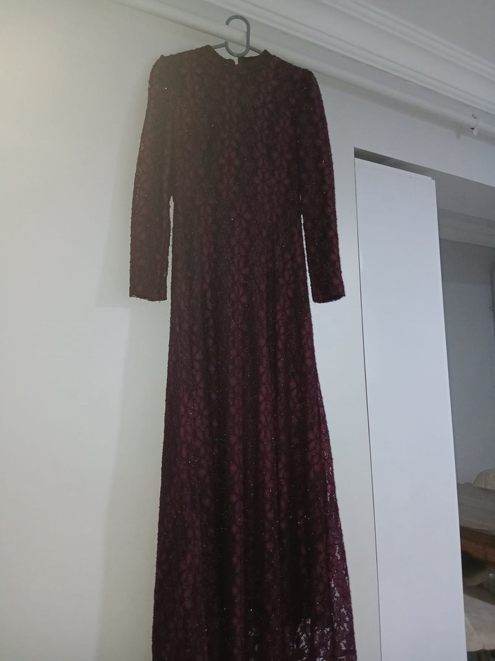 Bordo Nakışlı Uzun Kollu Vintage Elbise - Görsel 2