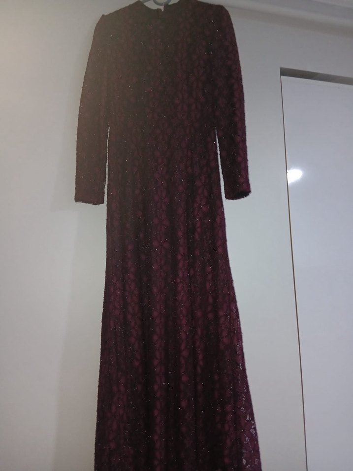 Bordo Nakışlı Uzun Kollu Vintage Elbise - Görsel 3