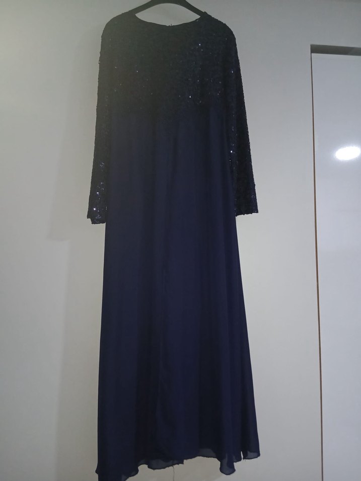 Lacivert Uzun Kollu Drapeli Kadın Abiye Elbise 46 beden - Görsel 4