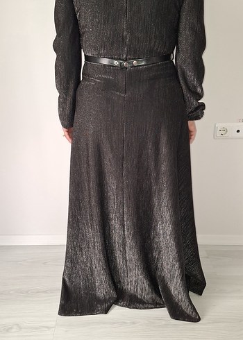 Parlak Gri Uzun Kadın Abiye Elbise - Görsel 6