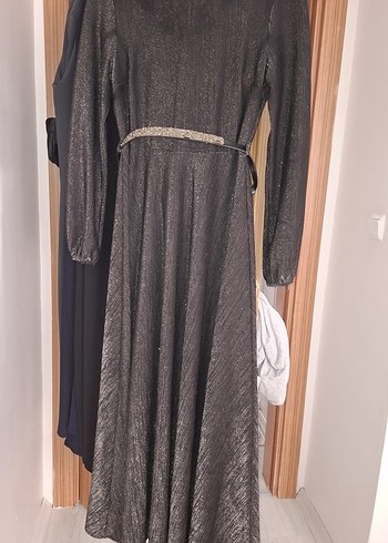 Parlak Gri Uzun Kadın Abiye Elbise - Görsel 4