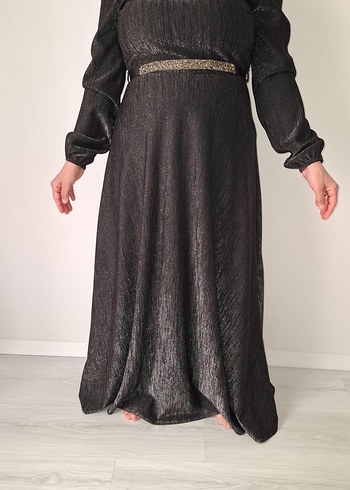 Parlak Gri Uzun Kadın Abiye Elbise - Görsel 3