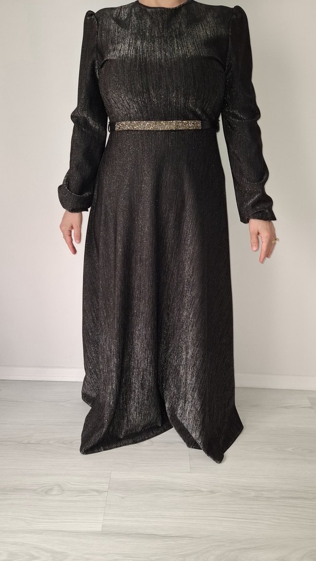 Parlak Gri Uzun Kadın Abiye Elbise - Görsel 2