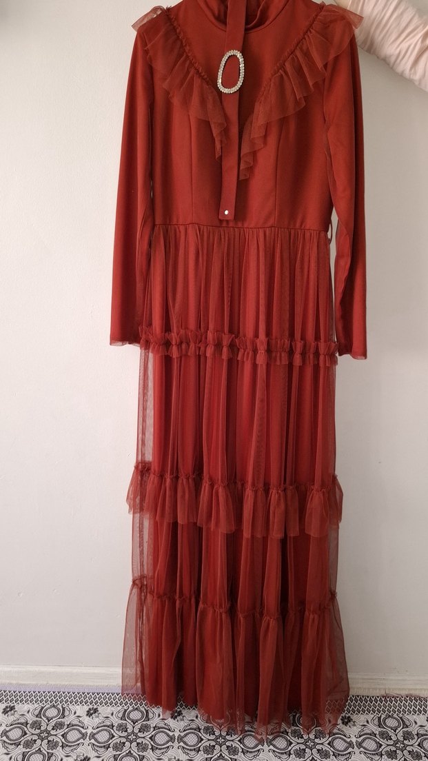 Tesettür kiremit rengi abiye 38 - Görsel 4