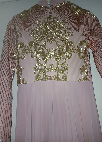 Pembe Nakışlı Uzun Kollu Uzun Abiye Elbise - Görsel 4