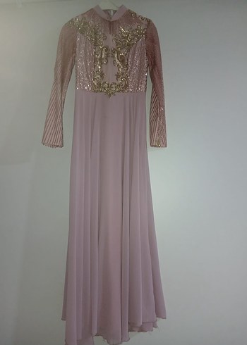 Pembe Nakışlı Uzun Kollu Uzun Abiye Elbise - Görsel 2