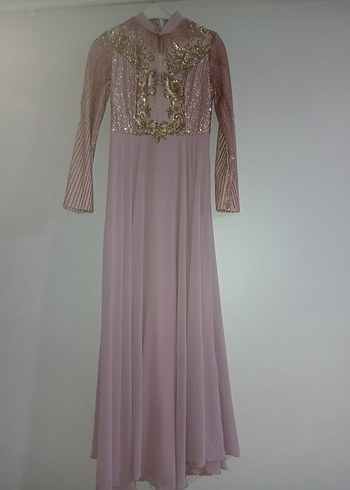 Pembe Nakışlı Uzun Kollu Uzun Abiye Elbise - Görsel 3