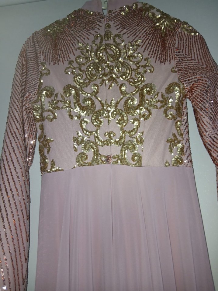 Pembe Nakışlı Uzun Kollu Uzun Abiye Elbise - Görsel 4