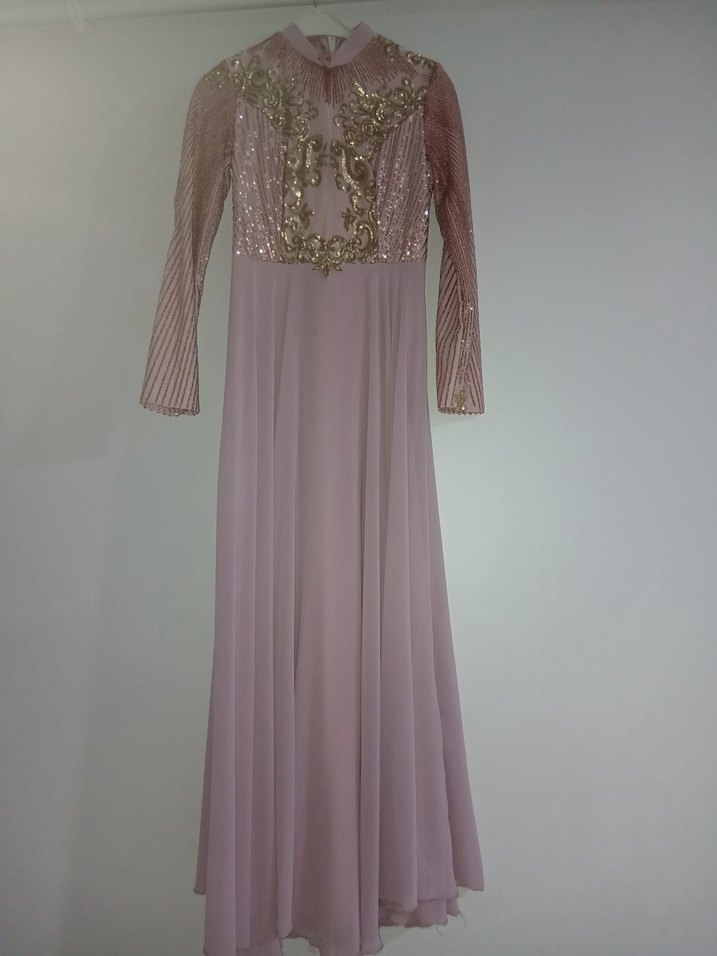 Pembe Nakışlı Uzun Kollu Uzun Abiye Elbise - Görsel 3