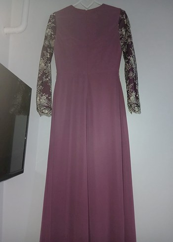 Uzun Kollu Mor Dantel İşlemeli Kadın Elbise - Görsel 4