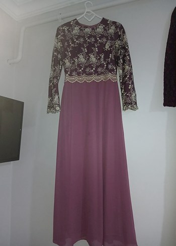 Uzun Kollu Mor Dantel İşlemeli Kadın Elbise - Görsel 3