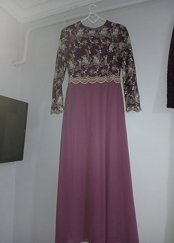 Uzun Kollu Mor Dantel İşlemeli Kadın Elbise - Görsel 2