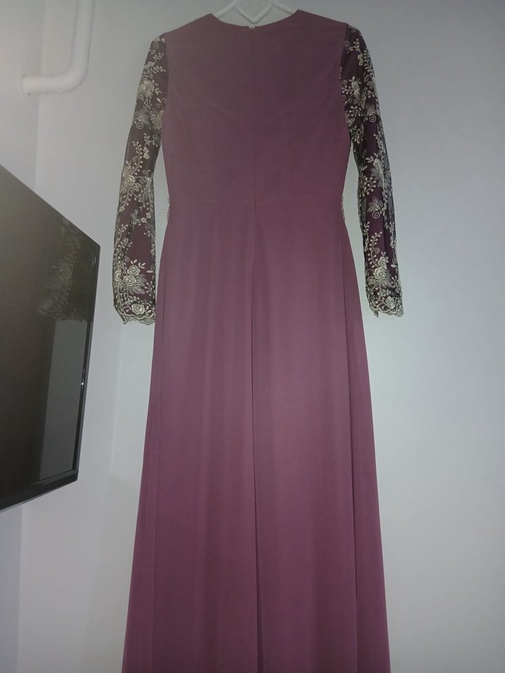 Uzun Kollu Mor Dantel İşlemeli Kadın Elbise - Görsel 4